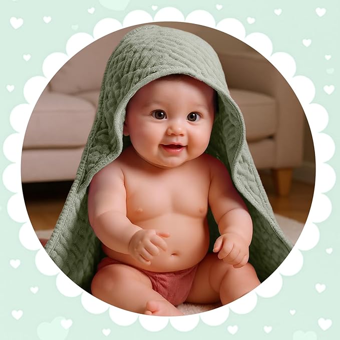 Peryiter 4 Pcs Muslin Hooded Baby Towels, 32"x 32" Cotton Newborn Bath Towel Muslin Infant Baby Blankets Absorbent Unisex Newborn Registry Gift Essentials for Girls Boys (Green,Gray,Beige)