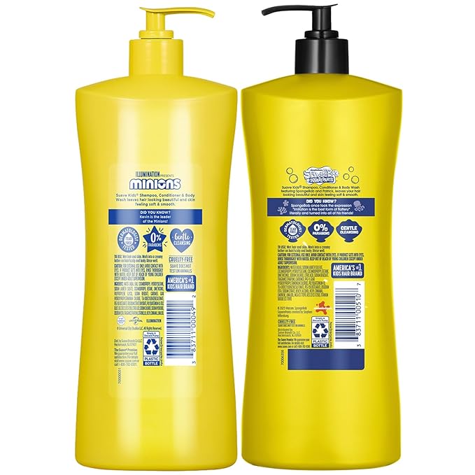 Suave Kids 3-in-1 Variety 2-Pack – Minions Fresh Fun + SpongeBob SquarePants JellyFish Splash Tear-Free Shampoo, Conditioner & Body Wash, 28 Oz Ea
