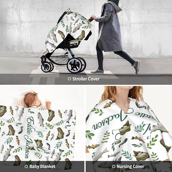 Personalized Baby Boy Car Seat Canopy for Babies, Custom Name Baby Car Seats Cover for Boys, Fishes Opening Minky Nursing Breastfeeding Covers for Infant, Carseat Canopies for Newborn
