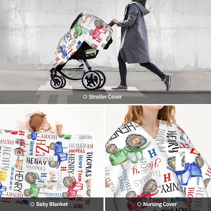 Personalized Baby Car Seat Canopy for Babies with Name, Custom Farm Tractor Stroller Car Seat Covers for Boy Girl, Minky Nursing Carseat Cover for Breastfeeding, Car Seat Canopies for Infant Newborn