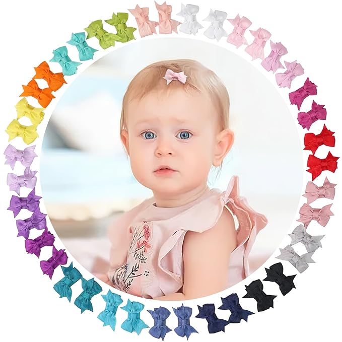 CÉLLOT 40Pcs Baby Snap Hair Clips Grosgrain Ribbon Tiny Baby Bows in 20 Colors for Infant Toddlers Fine Thin Hair (Dovetail Style)
