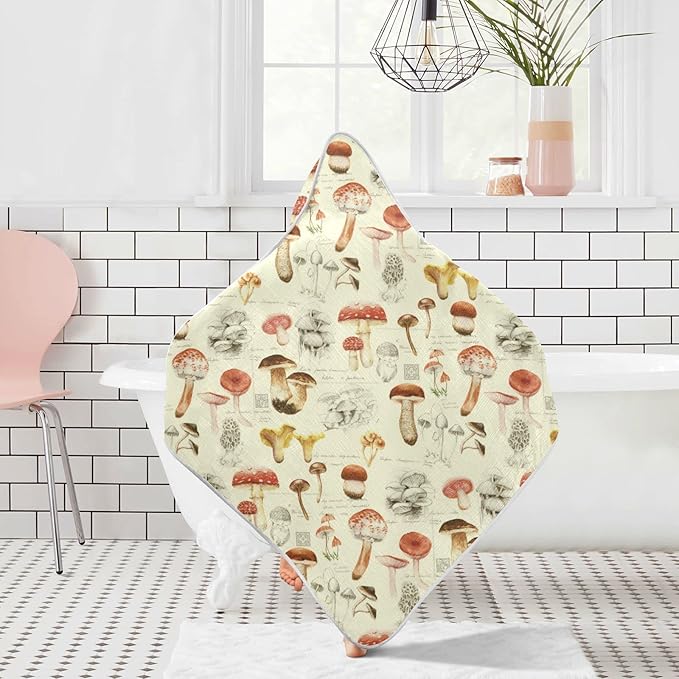 Watercolor Mushrooms Hooded Baby Towel Vintage Herbs Baby Bath Towel Unisex Soft Organic Cotton Washcloths Toddlers Shower Gifts for Boys Girls Newborn 30 x 30 in