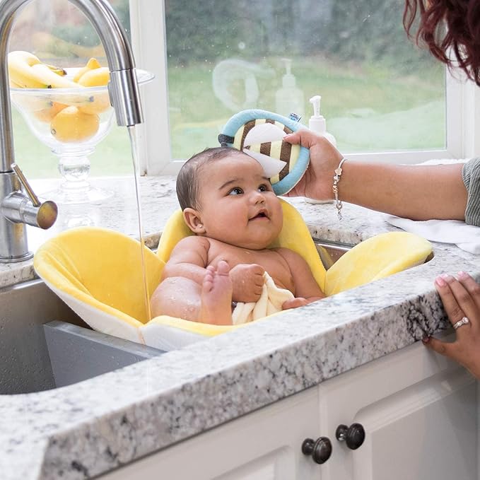 Blooming Bath Poppy Flower Bath Mat - Sink Bathtub Cushion for Baby - Plush Minky Fabric for Newborn to 6 Months - Washer-Safe Infant Newborn Essentials - Baby Shower Gifts for New Mom (Yellow/Brown)