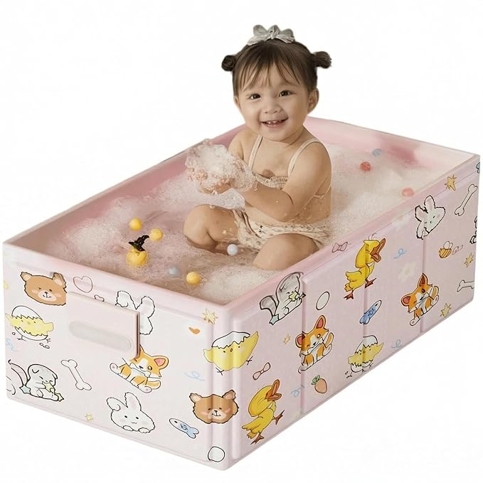 Foldable Baby Bathtub with Cute Animal Print, Portable Infant Bath Tub ,31.5x17.7x9.8 Inch Expanded (Pink)