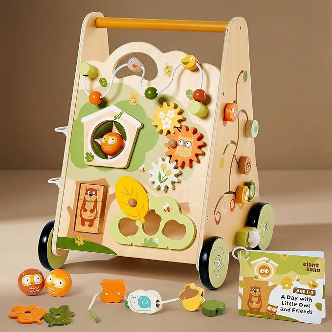 10-in-1 Wooden Baby Walker with Activity Center, Forest Montessori Push Toy for Toddlers 1–3, Bead Maze, Shape Sorter, Gears, Puzzles Fine-Motor Learning, Speed Adjustable Wood Walker for First Steps