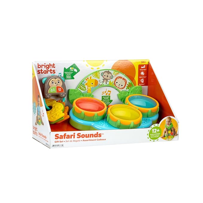 Bright Starts Safari Sounds Gift Set, 2-PK Baby Toys for On The Go, Musical Drum Toy and Car Keys Toy with Car Sounds, Unisex Jungle Theme, 3-6 Months and Up