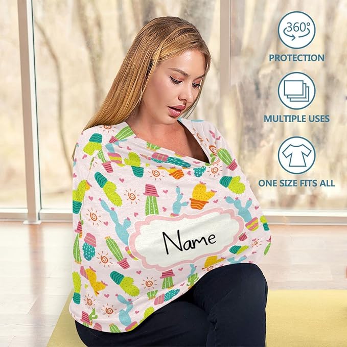 Personalized Nursing Cover Breastfeeding Scarf Baby Car Seat Covers, Infant Stroller Cover, Multiuse Carseat Canopy, Shower Gift for Newborn Girls Boys, Western Cactus