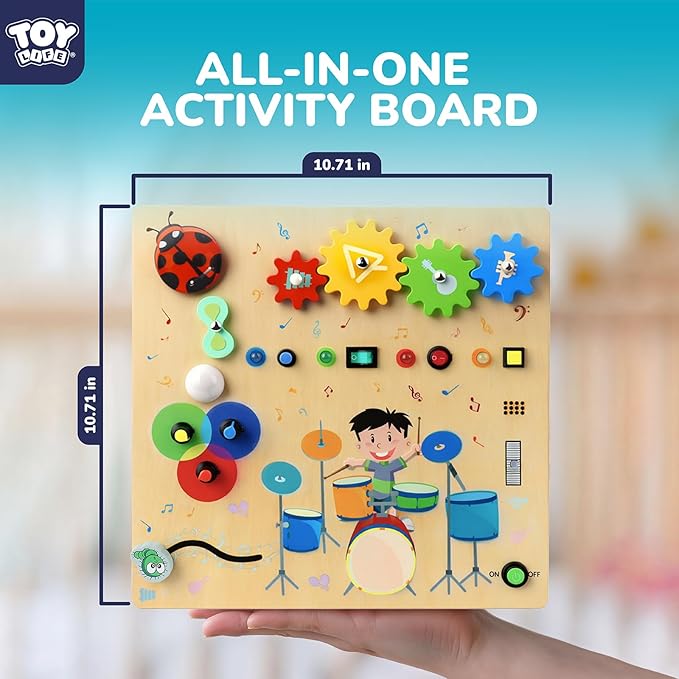 TOY Life Montessori Wooden Busy Board for Toddlers, Baby Fidget Boards with LED Light Switches, DJ Music Game, 4 Gears, Sensory Toys Light Switch Travel Toys for 1+ Year Old Baby and Toddler