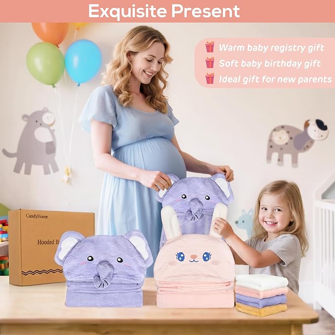 6 PCS Toddler Bath Towel Set for Boy Girl 0-5 Year, 2 PCS Thick Absorbent Hooded Baby Bath Towels Large 55" x 27.5" & 4 PCS Washcloths, Ultra Soft Gifts for Infant, Toddler, Kids, Rabbit & Elephant
