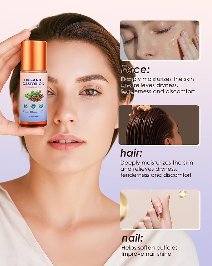 Organic Castor Oil Roll On - 2PCS 100% Pure Cold-Pressed, Hair, Face & Skin Moisturizing, Reducing Dark Circles,Nail and Cuticle Care - Easy to Apply, 50ml*2