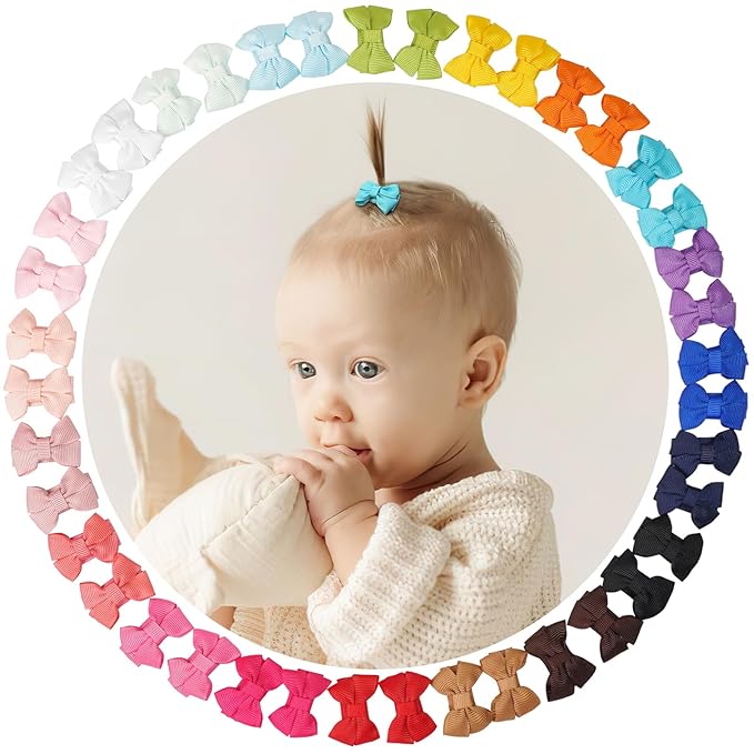 CÉLLOT 40Pcs Baby Snap Hair Clips Grosgrain Ribbon Tiny Baby Bows in 20 Colors for Infant Toddlers Fine Thin Hair (Twin Style)