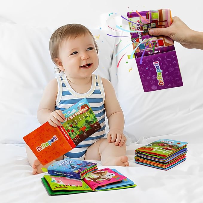 Dr.Rapeti Soft Cloth Books Baby Books Bath Books 6-Pack for Baby Infant Toddler Kids Crinkle Squeaky Washable Chewable Non-Toxic Early Educational Giftable