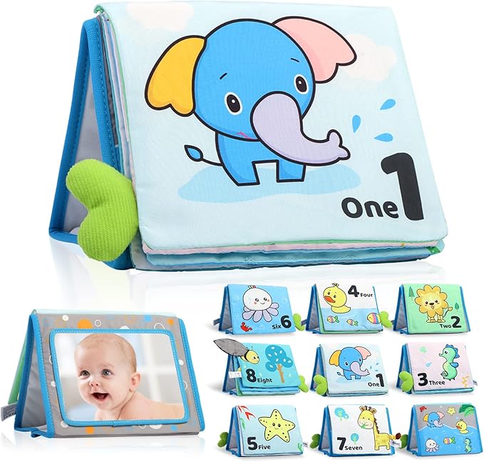 Caterbee Baby Mirror Toys, Inant Tummy time Toy Cloth Book with Mirror, Fun Crinkly Sounds for Early Learning and Developmental Playtime 0 Months up