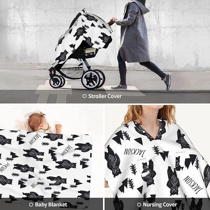 Personalized Black Bear Baby Infant Car Seats Canopy for Babies with Name, Custom Lightweight Covers for Baby Boys Girls, Minky Nursing Breastfeeding Stroller Cover Canopies for Newborn