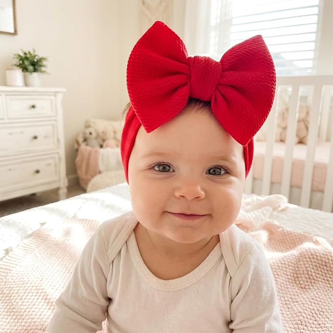 Qchengsan 3 Pack Baby Girl Headbands with Bows, Soft Stretchy Nylon Hair Accessories for Newborn Infant Toddler, Cute Strawberry Shortcake Baby Stuff, Red Pink Ribbon for Photos, Shower Gifts