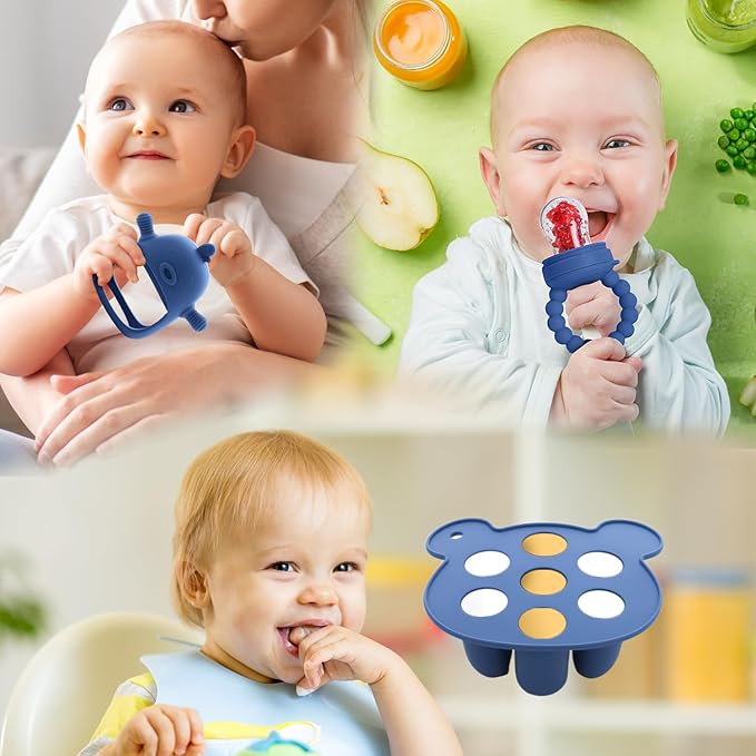 6-in-1 Baby Fruit Feeder Pacifier & Baby Food Feeder Set – Silicone Breastmilk Popsicle Mold with Freezer Tray, Teething Relief Toy, BPA Free Infant Feeder, 3 Sizes (S/M/L) Sacs (Steel Blue)