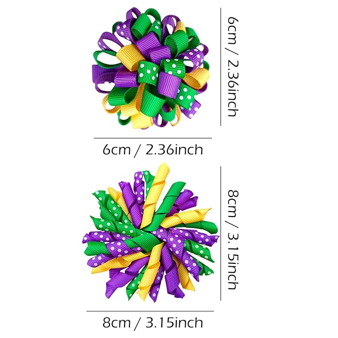 Mardi Gras Korker Hair Bows 3'' Girls Curly Corker Bow Alligator Clips Purple Yellow Green Grosgrain Ribbon Fireworks Flowerball Accessories Kids Favor Gift