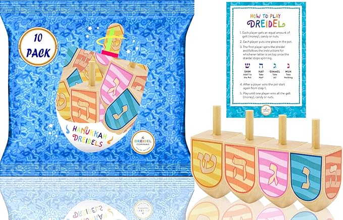 The Dreidel Company Extra Large Hand Painted Wood Hanukkah Dreidels, 10-Pack Ocean Dreidel Design
