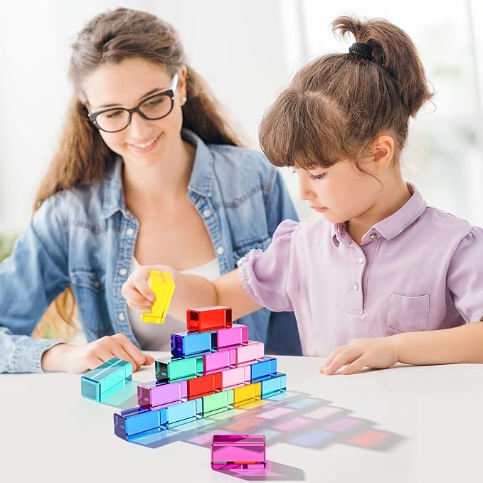 Meooeck 20 Pcs Acrylic Gem Cubes Blocks for Kids Translucent Rainbow Building Blocks Crystal Light Shadow Stacking Toys for School Education Training Learning(5 x 2.5 x 2.5 cm)
