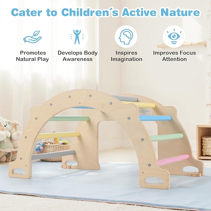 Olakids Climbing Arch for Toddlers, 4 in 1 Wooden Indoor Kids Climber Rocker Montessori Sensory Table with Foldable Storage Bin, Baby Pikler Set Gym Learning Crawling Toy for Children (Rainbow)