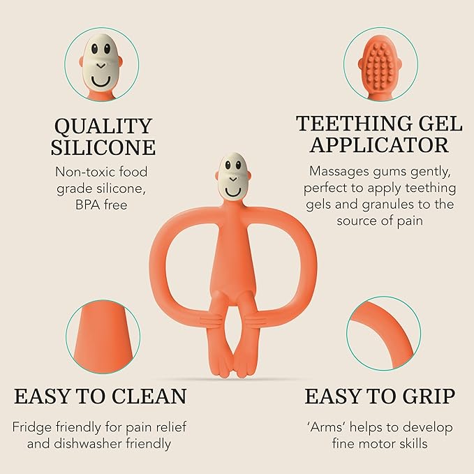Matchstick Monkey Silicone Teether & Gel Applicator – Silicone Baby Teether, Easy-to-Grip, BPA-Free, Supports Self-Soothing & Early Brushing, 3 Months+, 4 Inches, Orange