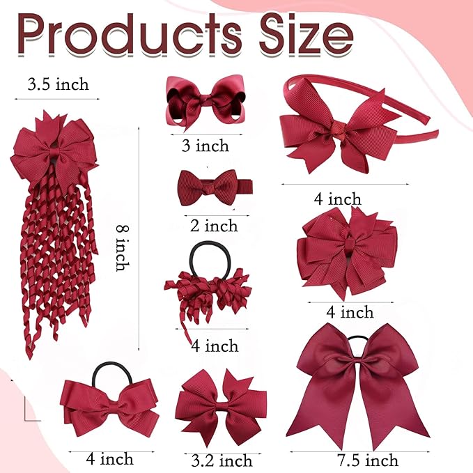 School Hair Accessories Set 14 Pcs Uniform Hair Bow Headband Clips Hair Ties Curly Korker Bows for Little Toddler School Girls (Burgundy)