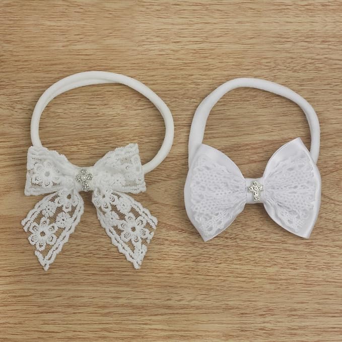 Nihao Baby Off White Lace Bow Small Baptism Headband for Baby Girls -2 PCS