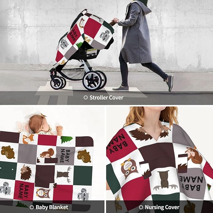 Personalized Little Animals Theme Baby Car Seat Canopy for Baby with Name, Custom Light Weight Minky Covers for Baby Boy Girl, Nursing Breastfeeding Stroller Cover Canopies for Newborn