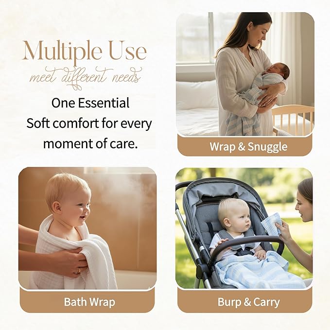 Muslin Baby Bath Towel Set - 100% Organic Cotton 5-Piece Set (2 Large Towels & 3 Washcloths), 6 Layer Absorbent Gauze, Perfect Newborn (Blue Stripe)