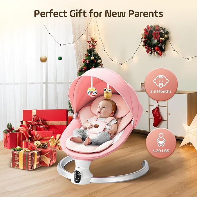 Baby Swing for Infants - Electric Baby Rocker with Exclusive App Function, Upgraded 5 Point Harness, Bluetooth Support, 10 Preset Lullabies and 5 Speeds, Portable Swing for Baby Boy Girl(Pink)