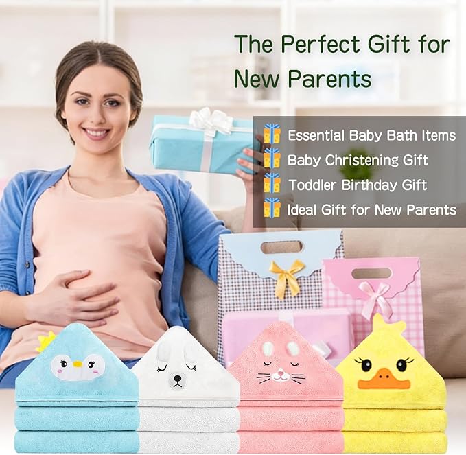 Hooded Baby Towel Set, 32x32 Inch Absorbent Bath Towels, 4 PCS Soft Hooded Towels, Perfect for Newborns, Toddlers, Babies, Essential Baby Bath Accessories (Pink + Blue + White + Yellow)