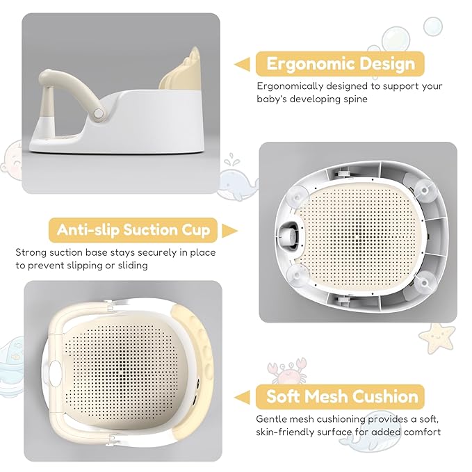 Baby Bath Seat for Babies 6 Months & Up Sitting Up | 360° Stable Toddler Bath Chair with One-Touch Button | Baby Bath Tub Seat with Suction Cups | Open Design, Compact, Detachable, Non-Slip(Yellow)