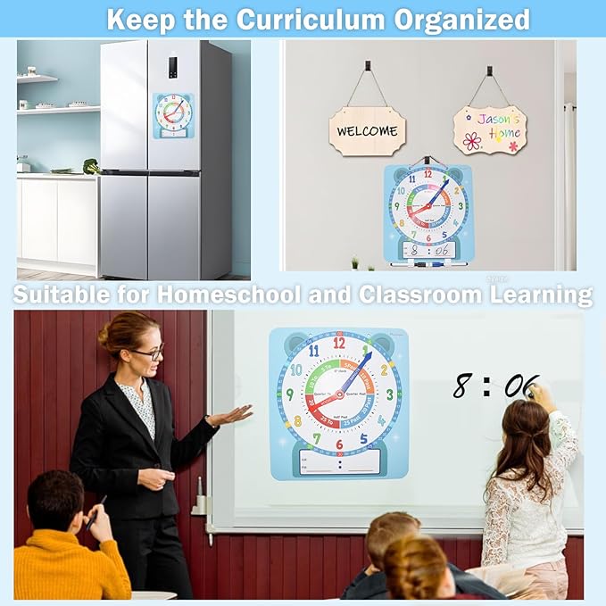 Teaching Clocks for Kids, Large Magnetic Writable Dry Erase Learning Clock with Pen,12" Teaching Demonstration Clock Learning Time to Tell Time for Kids Home School Classroom Supplies-Blue