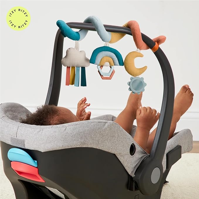 Itzy Ritzy Spiral Car Seat & Stroller Activity Toy - Stroller & Car Seat Toys for Ages 0 Months and Up - Hanging Toys Include Clinking Rings, Mirror and Textured Ribbons (Rainbow)