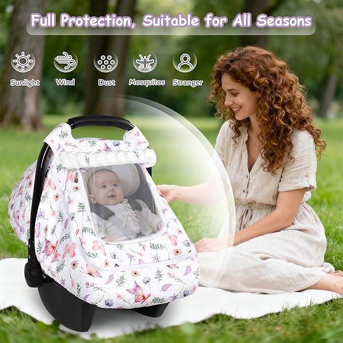 Baby Car Seat Cover, Pea Pod Universal Infant Car Seat Cover with Sunshade & Mesh Windows - Breathable Minky Lined Canopy Cover for Stroller- Soft Butterfly Carseat cover for Newborns