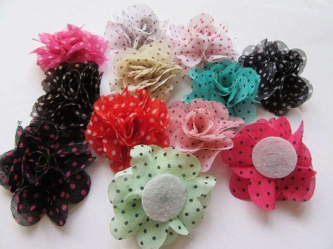 YYCRAFT 30 pcs Chiffon Flower with Dots Prints for Baby Girls Flower Headband Bows DIY Craft,Party Decoration(1.75",Mix Color)