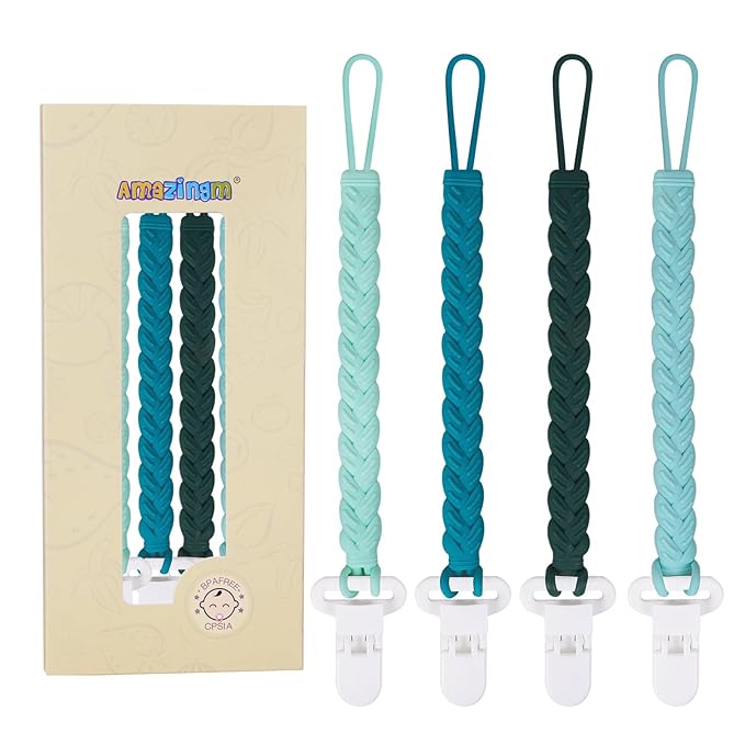 4 Pcs Green Baby Silicone Teething Pacifier Clip,One-piece Design,Woven Shape,BPA Free.