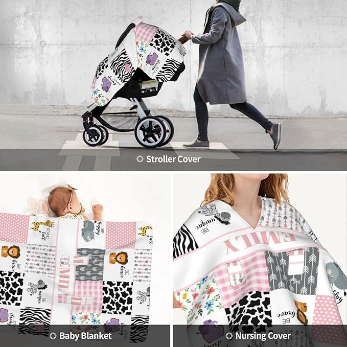 Personalized Baby Car Seat Canopy for Babies, Custom Name Car Seat Covers for Girls, Opening Minky Nursing Breastfeeding Cover for Infant, Carseat Canopies for Newborn (Zoo Animals)