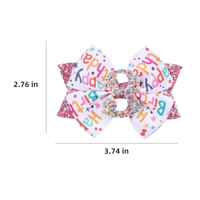 4" Glitter Happy Birthday Hair Bow Clips for Women, Pink Ribbon Cheer Bow Barrettes Alligator Hairpins, Confetti Ice Cream Party Dress Accessories, Her 3rd Birthday Gift