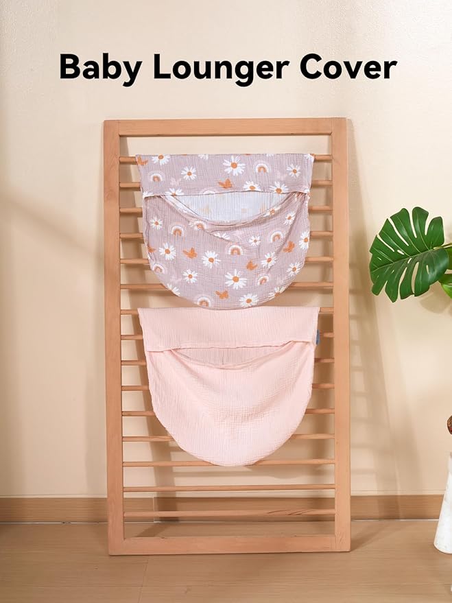 TILLYOU Muslin Baby Lounger Cover, 100% Cotton Newborn Lounger Cover, 2 Pack Baby Nest Slipcover for Boys Girls, Cover Only, Pink Butterfly