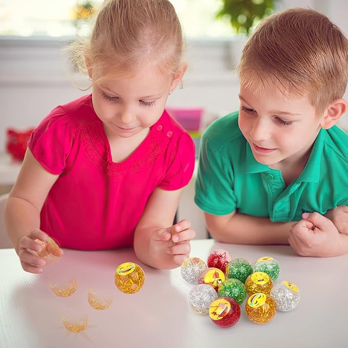 Emoji Water Filled Bouncy Balls - Rubber Balls for Kids Glitter Filled - 12 Pack Large High Bouncing Ball, Bounce Balls, Party Favors Balls