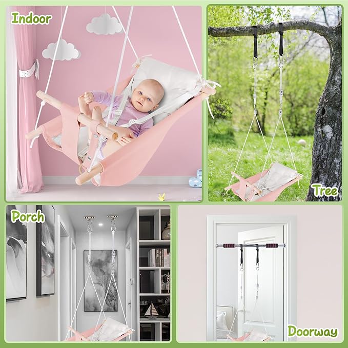 Canvas Baby Swing for Infants to Toddlers,Indoor Outdoor Wooden Hanging Swing Seat with Safety Belt and Mounting Hardware, Suitable for Ages Up to 3,Pink