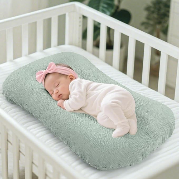 DILIMI Baby Lounger Covers, 2 Pack Muslin Newborn Lounger Cover, Soft Comfortable Removable Infant Pillow Slipcover for Girl and Boy, Green Checkered (Lounger not Included)