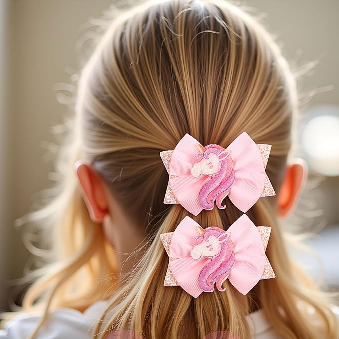 Glitter Unicorn Hair Bows for Girls - 2PCS Sparkly Pink Unicorn Bow, Cute Alligator Hair Clips Barrettes Hair Accessories for Toddler Kids Birthday Party, Princess Costume Gift