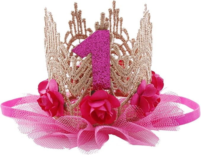 June Bloomy Baby Golden Lace Rose Flower Crown 1st Birthday Headband Princess Tiara