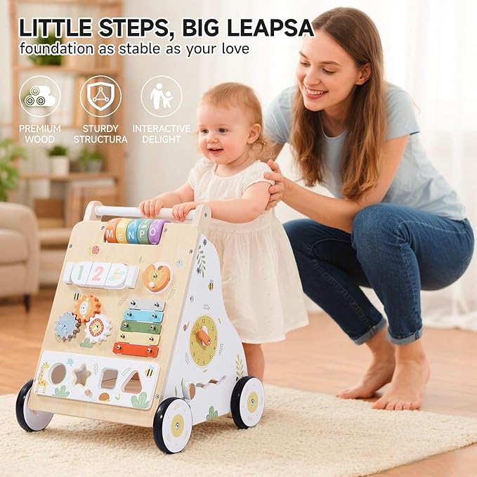 Wooden Baby Walker with Wheels,Adjustable Speed Baby Push Walker for Boys and Girls,Montessori Activity Center Walking Toys for 1 Year Old Learning to Walk,First Birthday Gift