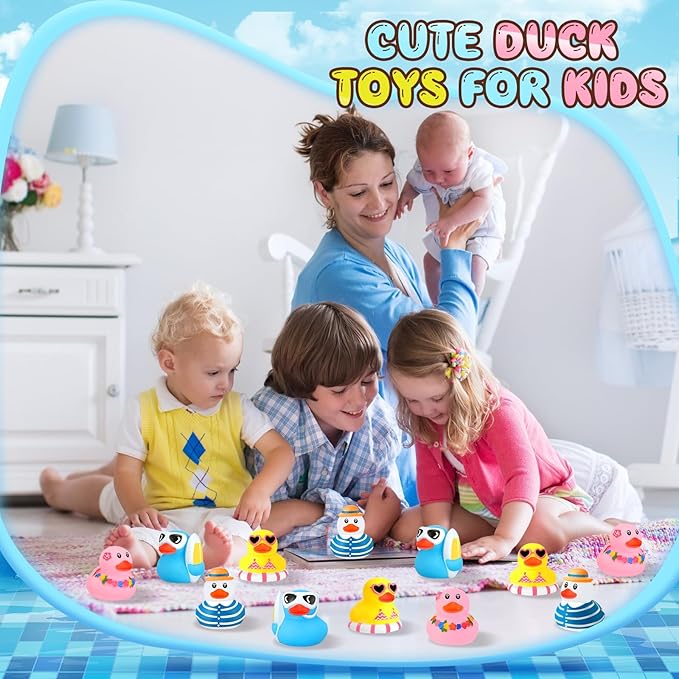 Honoson 48 Pcs Summer Beach Rubber Duckies Bulk Mini Rubber Duck Bath Toys Float Bathtub Ducky Cute Squeaky Ducky for Classroom Carnival Summer Birthday Baby Shower Party Favor (4 Colors)