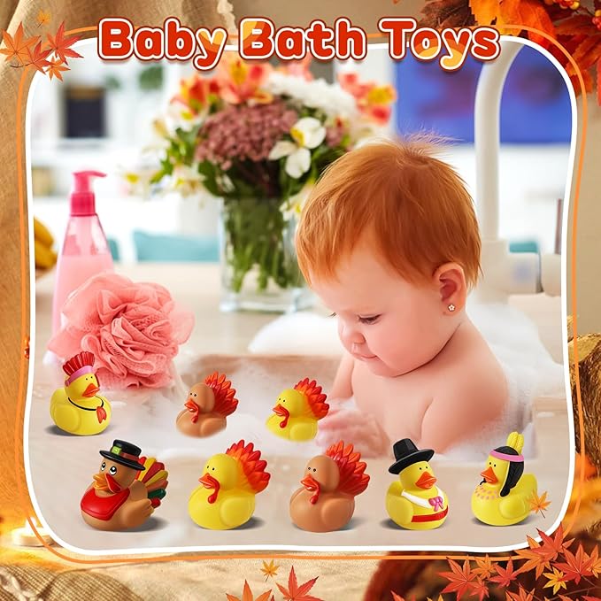 24 Pcs Thanksgiving Rubber Ducks, Thanksgiving Themed Ducks Bulk Turkey Ducks, Thanksgiving Party Favors Supplies for Kids Adults, Fall Duck Bathtub Bathing Toy for Holiday Autumn Table Centerpiece