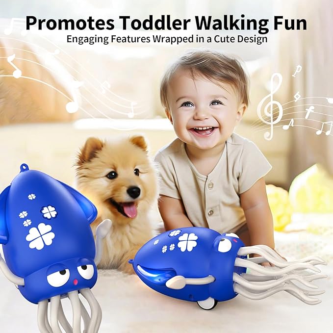 Electric Dancing Octopus Toy with Led Light and Music, Kids Electric Crawling Octopus Tummy Time Toy, Rechargeable Interactive Sensory Toys, for Christmas Birthday Gift (Blue)