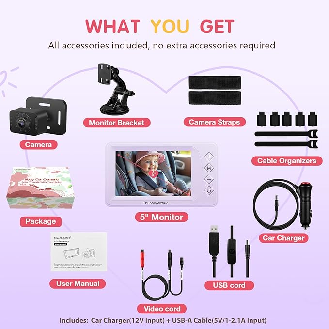 S100P Baby Car Camera with Ultra Night Vision, 5'' HD 1080P IPS Baby Car Monitor with 3X Zoom, Backseat/Carseat/Rear Seat Camera USB, Easy No-Damage Install, Safety for Infants and Pets(5 inch Purple)